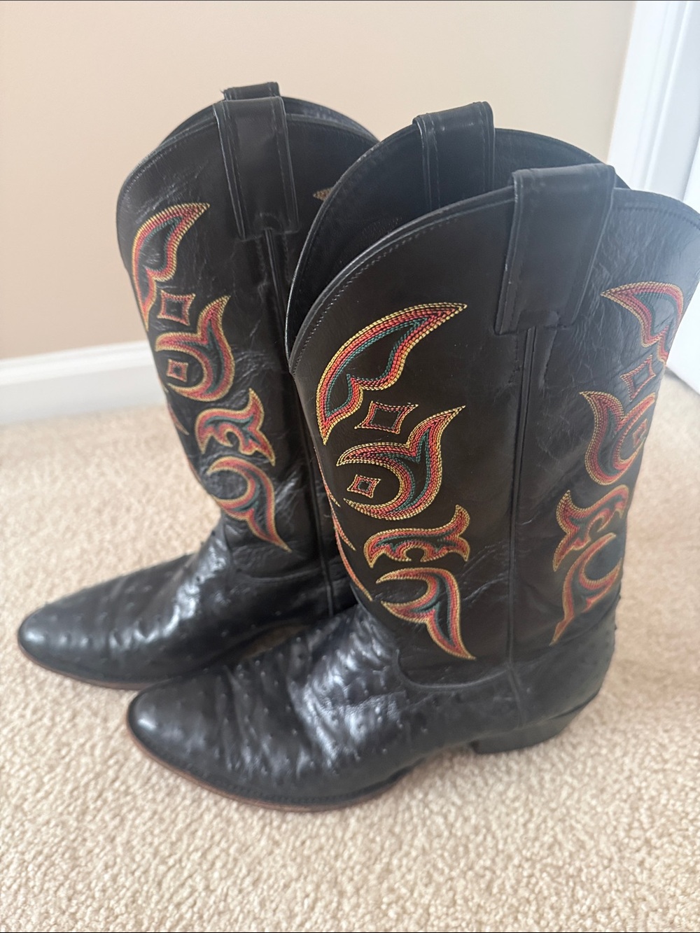 Justin Boots Black Leather Western Boots with Red-Orange Embroidery